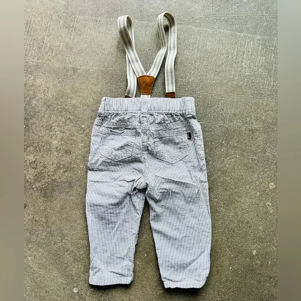 Blue & White Pinstripe Kids Overalls with Brown Faux-Leather Suspenders - Picture 4 of 5